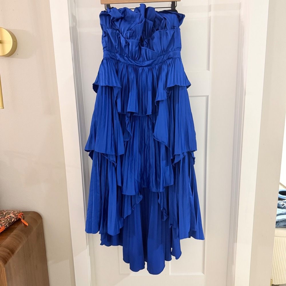 AMUR Royal Blue Judah Scalloped‎ Pleated Tiered Ruffle Strapless Gown Dress 14